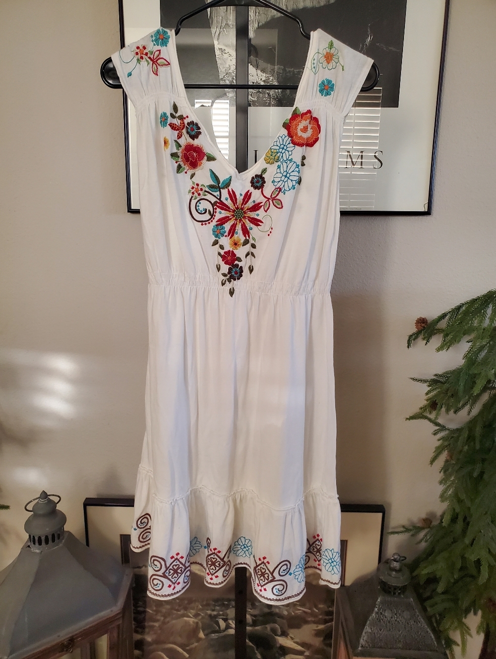White Sleeveless Dress with Colorful Floral Embroidery - Picture 2 of 4